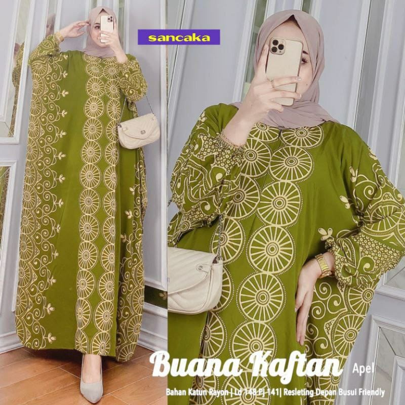 Buana Kaftan Wanita Jumbo XXXXL Motif Roda Lengan Panjang Busui Resleting / Gamis Rayon Jumbo Kaftan Terbaru