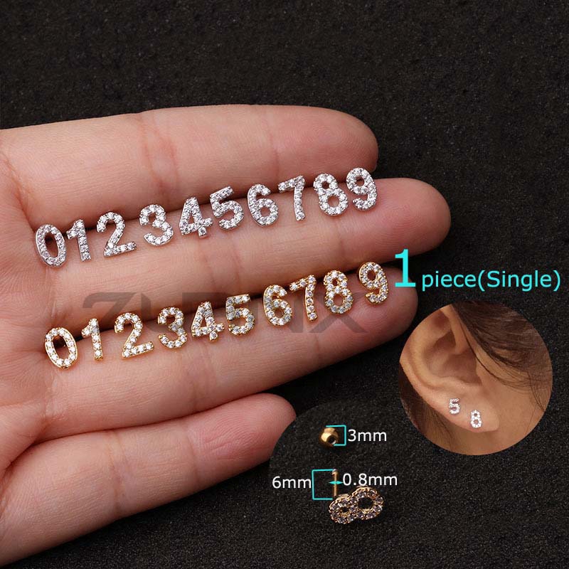 1piece Arabic Number 0-9 Helix Daith Pinna Tragus Caritlage Earrings 6mm Bar Piercing 20G