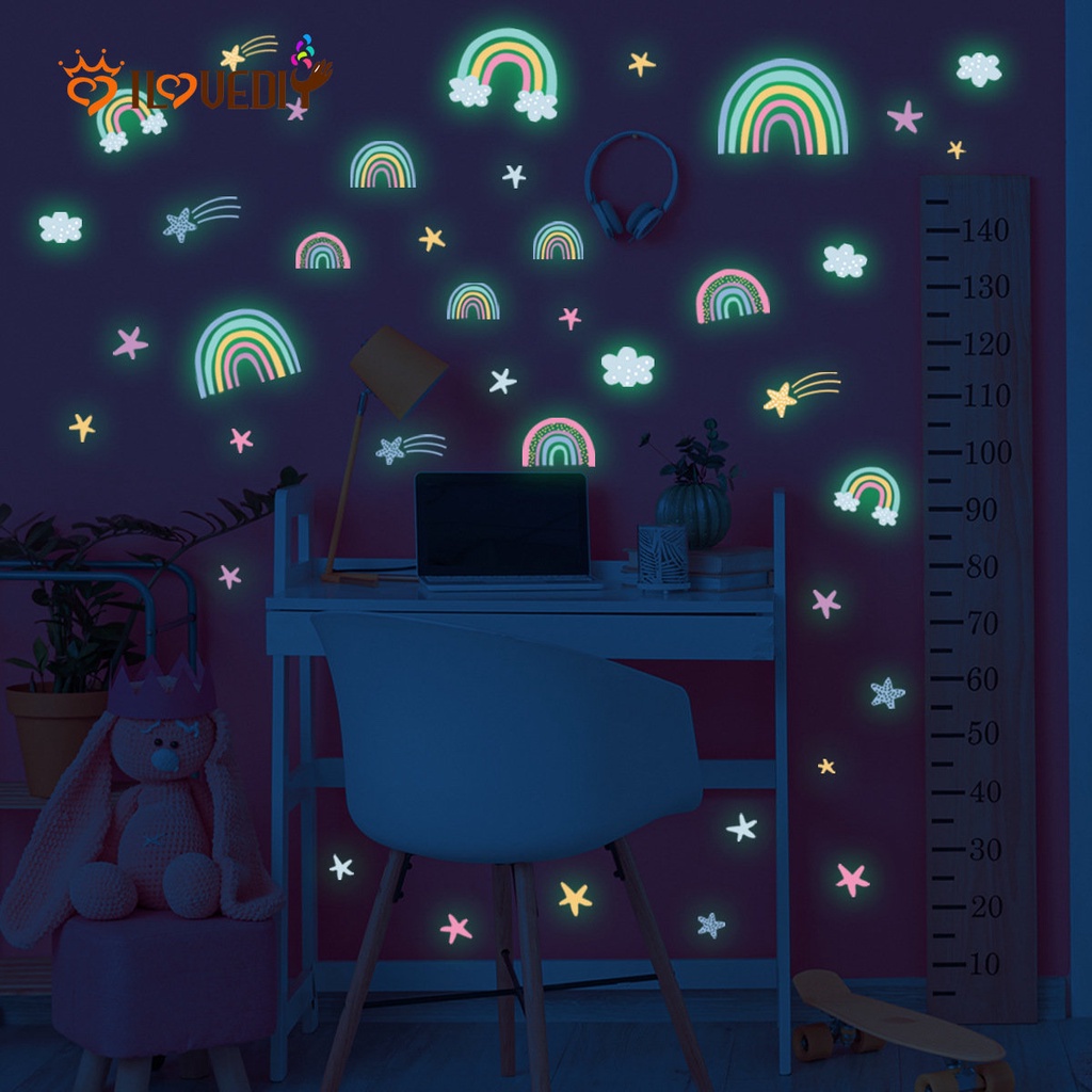 Stiker Dinding Decal Desain Kartun Pelangi Awan Bintang Glow in the Dark Untuk Kamar Anak