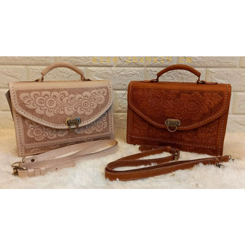 Tas Kulit Tatah Vintage - Tas Selempang Kulit Sapi Asli - Tas Tenteng Jinjing Wanita Vintage Kerajin
