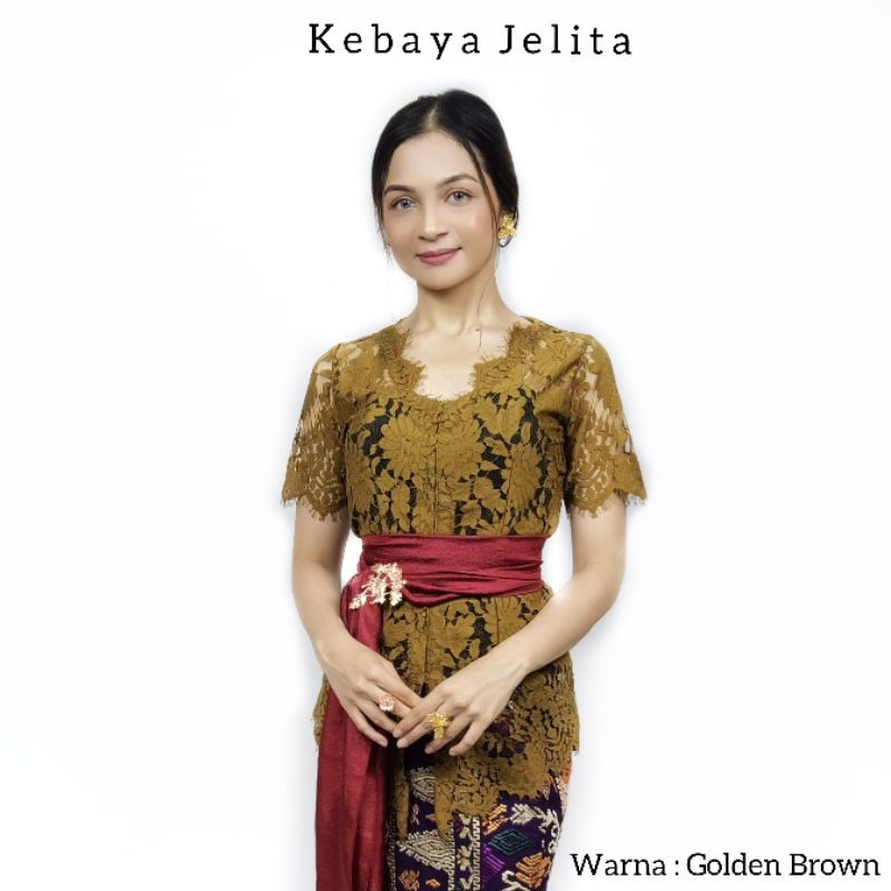 Atasan Kebaya Bali Sabrina Lengan Pendek Semifrance Jelita-Golden brown