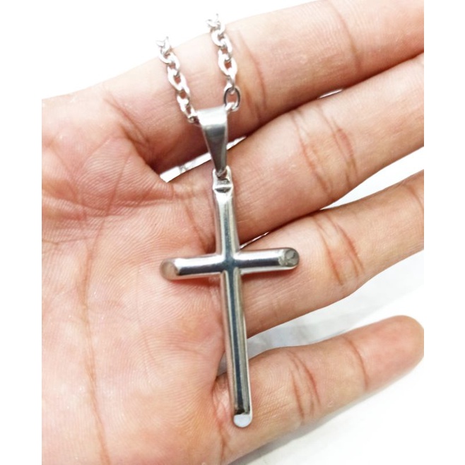 Kalung Titanium Liontin Salib Polos Silver Anti Karat