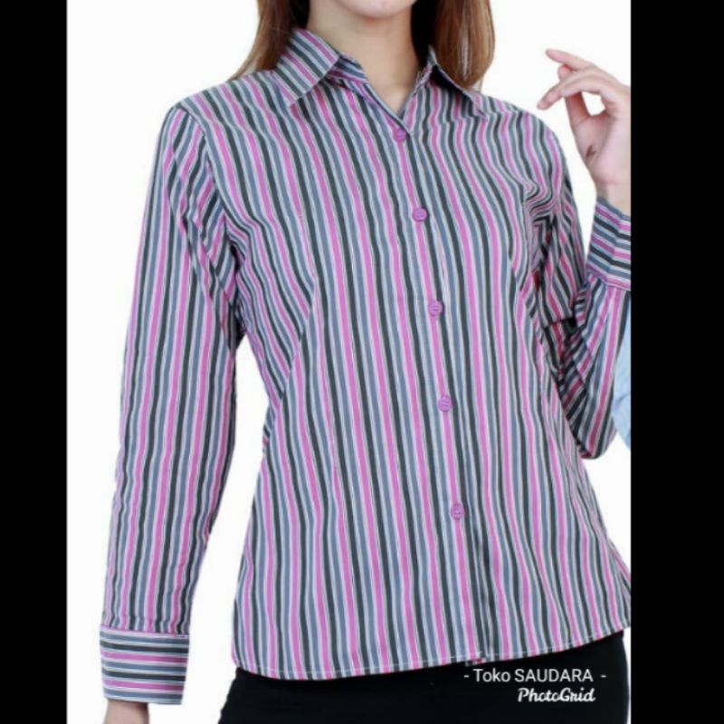 kemeja panjang wanita salur tricolor (salur 3 warna)