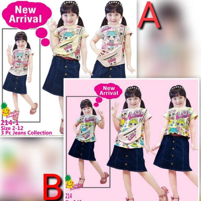 3-8th 214 Little Pineapple Baju Pakaian Set Setelan Anak Perempuan LOL Rok Jeans