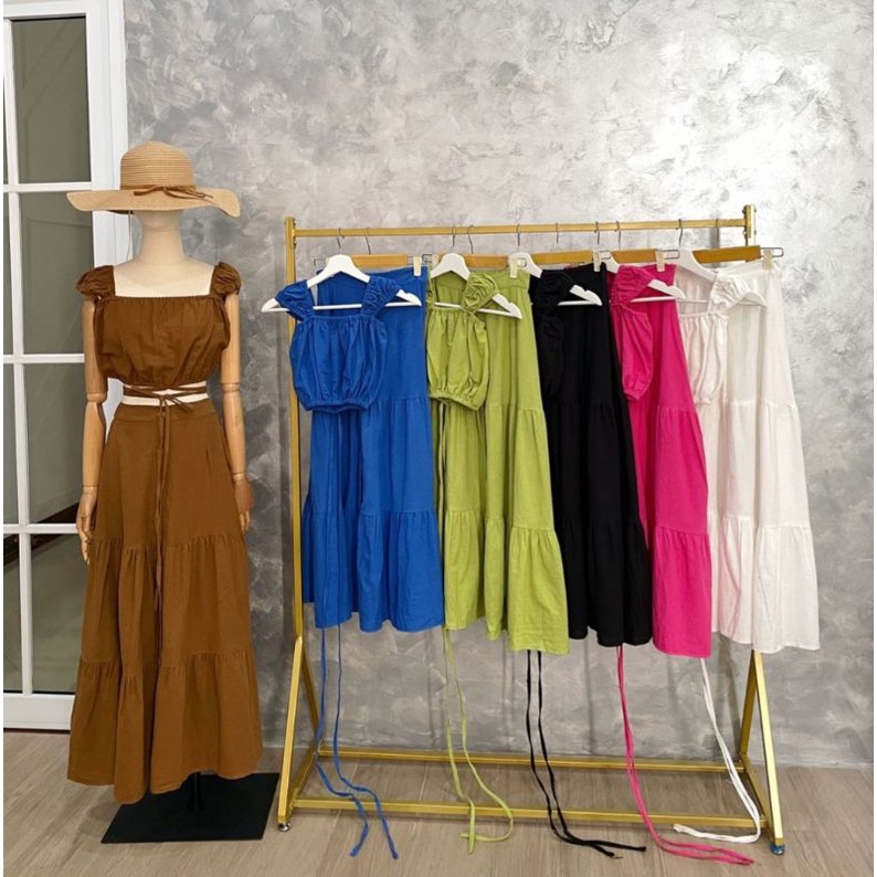 ❣ SPECIAL PRICE ♡ PREMIUM ♡ ORIGINAL ! LALISA VINTAGE 2 IN 1 SET CROP TIED KNOT TANK BLOUSE OUTER WITH LONG LAYER TRAP BUTTON MAXI SKIRT / SETELAN ATASAN &amp; ROK PANJANG SUSUN KANCING