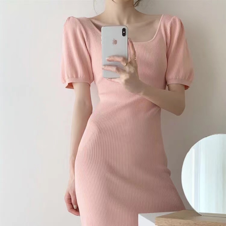 【Elegant】Korean Vintage Square Neck Solid Color Mini Dress 7475