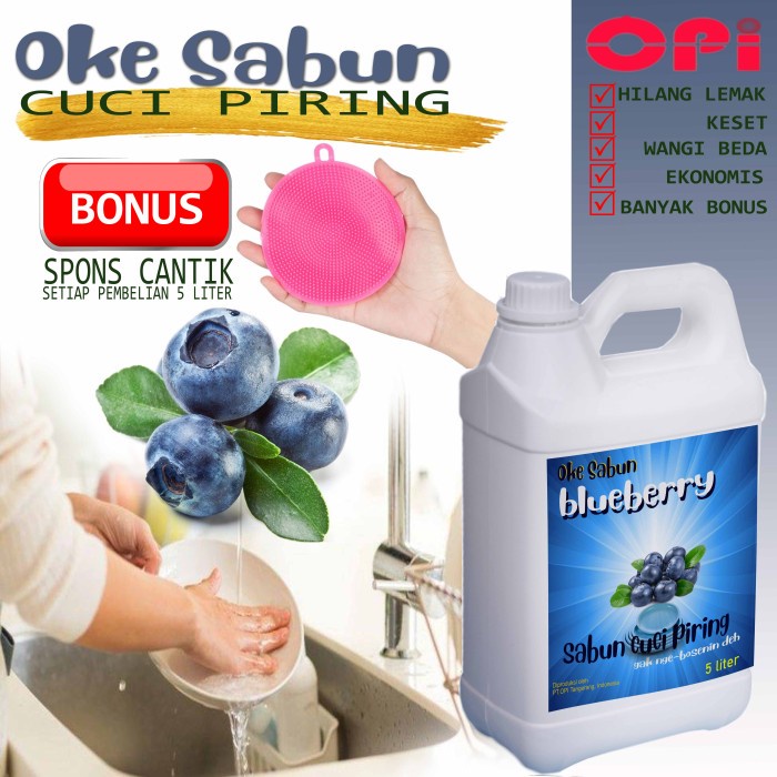 Sabun Cuci Piring 5 Liter Blueberry &amp; 8 varian wangi lain bonus spons New Formula sudah ada izin edar resmi by Oke sabun suplayer