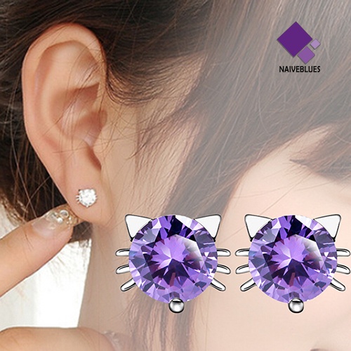 Naiveblue Anting Tusuk Sterling Silver 925 Desain Telinga Kucing Hias Zircon Untuk Wanita