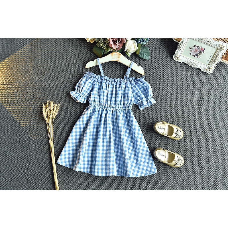 Dress Anak Perempuan Tanpa Lengan Motif Kotak Biru Import