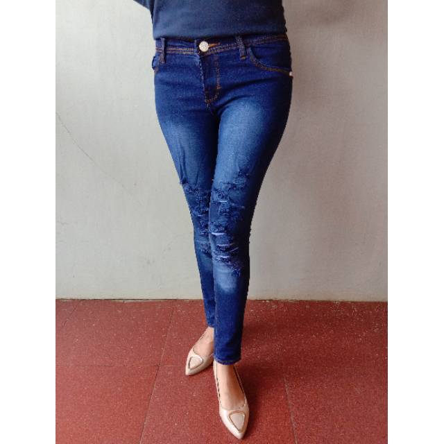 Navy🔥TERMURAH🔥TERLARIS🔥Celana Soft jeans/Skinny Jeans Sobek/Ripped Prada Lokal Tidak Tembus