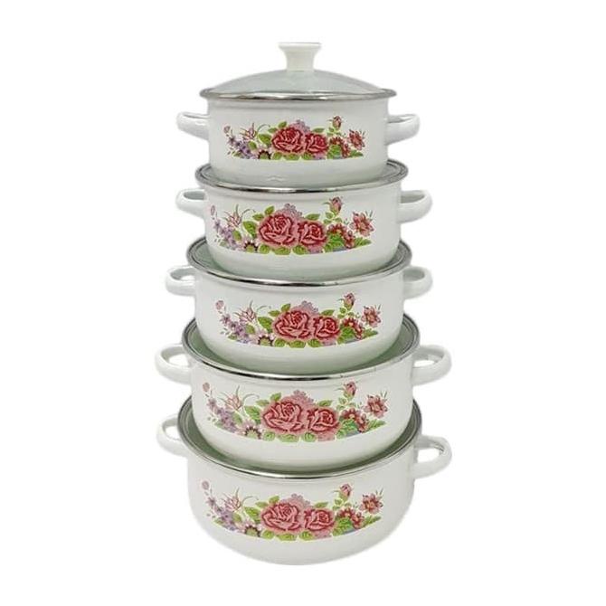 Panci Set Enamel Motif Kembang 5 Pcs / Paket Alat Saji Makanan Pe8278
