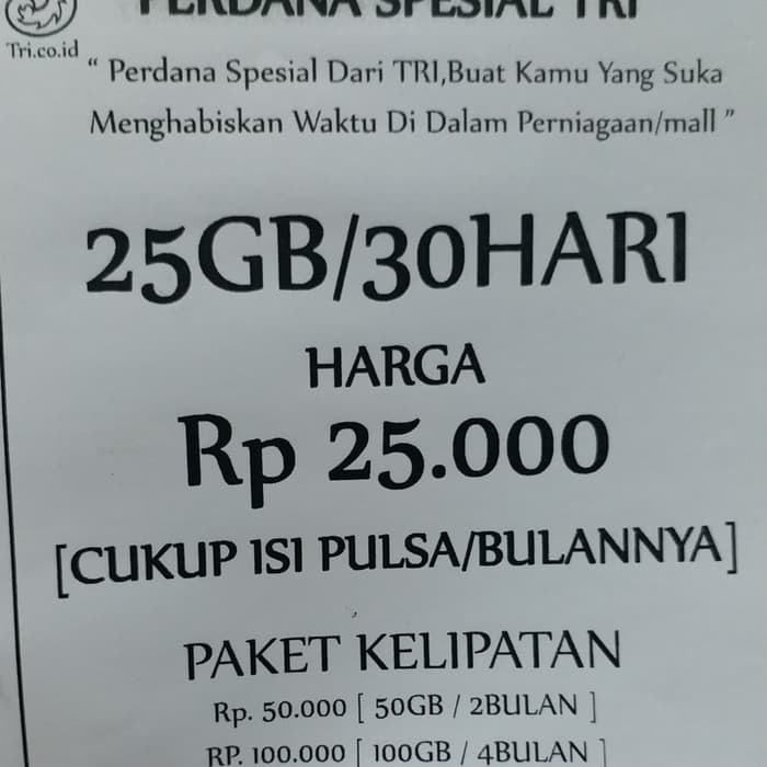 [Promo] Kartu Perdana 3 Three Tri SIP Mall 25rb 25Gb / Kartu Perdana 3 Tri SIP 25GB 25rb Three Mall