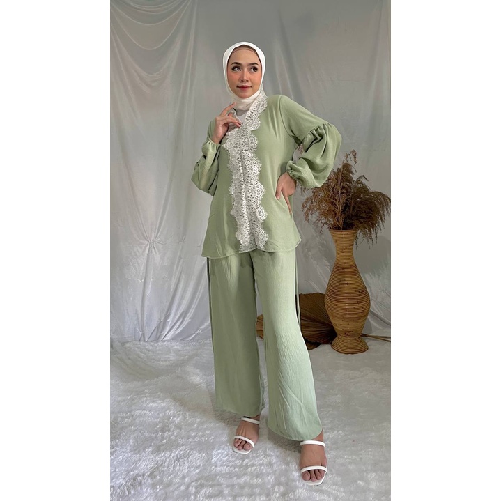 Gina Set Kondangan Celana Kulot Baju Pesta Polos Blouse Serut Atasan Brukat Oneset Crinkle Busui Friendly Setelan Muslim