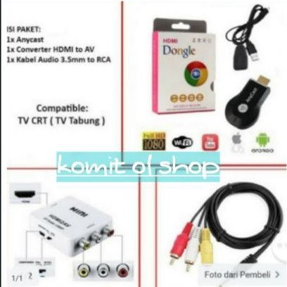 PAKET KOMPLIT WIFI ANYCAST DONGLE + CONVENTER HDMI TO AV RCA + KABEL RCA DARI HP KE TV TABUNG