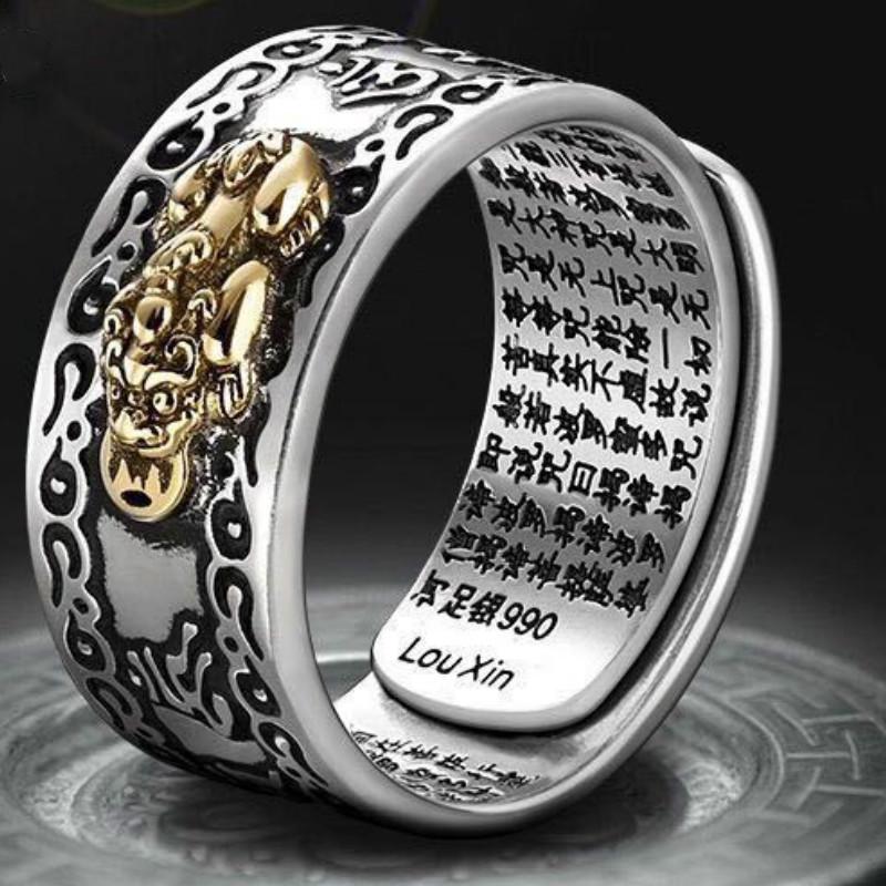 Wanita Pria Feng Shui Pixiu Charms Fashion Kekayaan Keberuntungan Cincin Buddha Mantra Kitab Suci Jimat Kekayaan Kebugaran Terbuka Adjustable Perak Rings