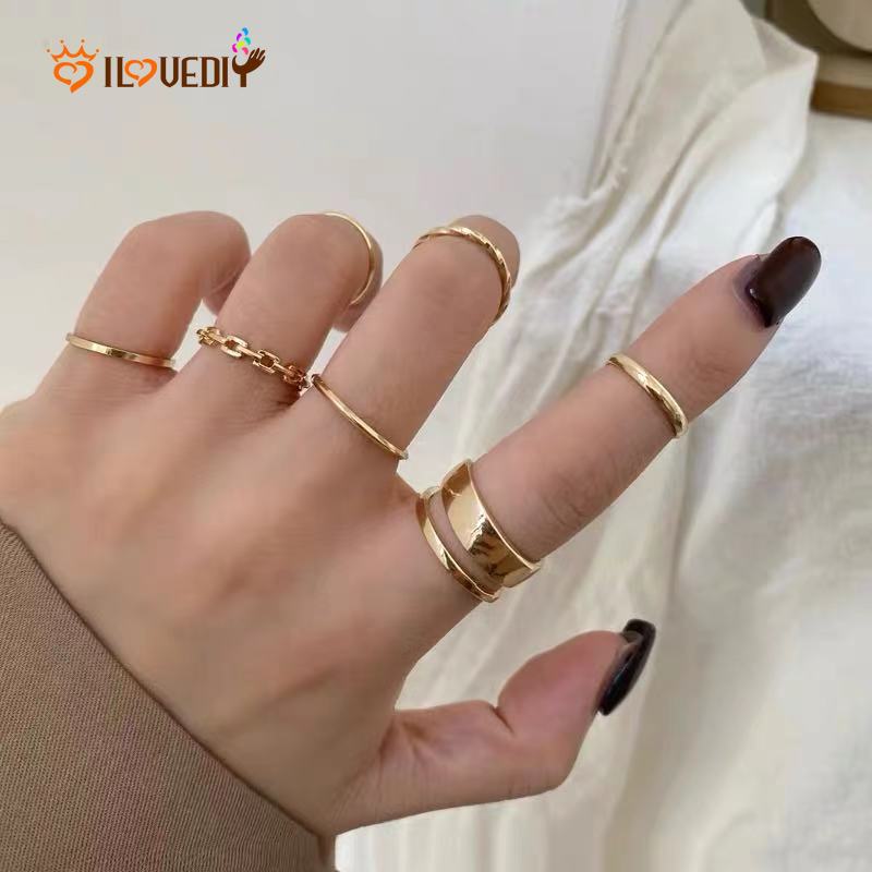 7pcs / Set Cincin Jari Model Terbuka Dapat Disesuaikan Warna Emas Gaya Korea Untuk Wanita