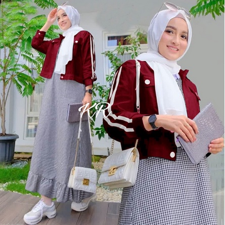 Dress Wanita Remaja Modern Kekinian 2023 Set Cardi Junko 2in1 Model Terbaru Baju Traweh Remaja