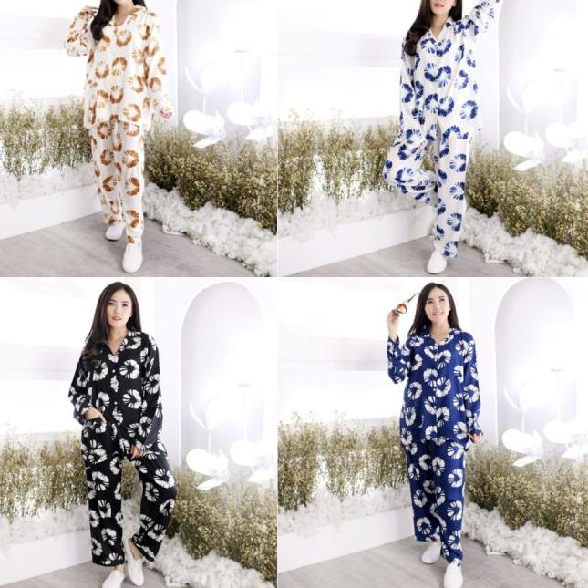 ← Setelan Baju Tidur Piyama Tie Die Dye Kaos Wanita Tangan Panjang Jumbo - Navy ♝