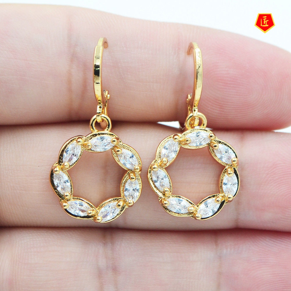 [Ready Stock]Temperament 18K Gold Geometric Shape Colored Gems Earrings