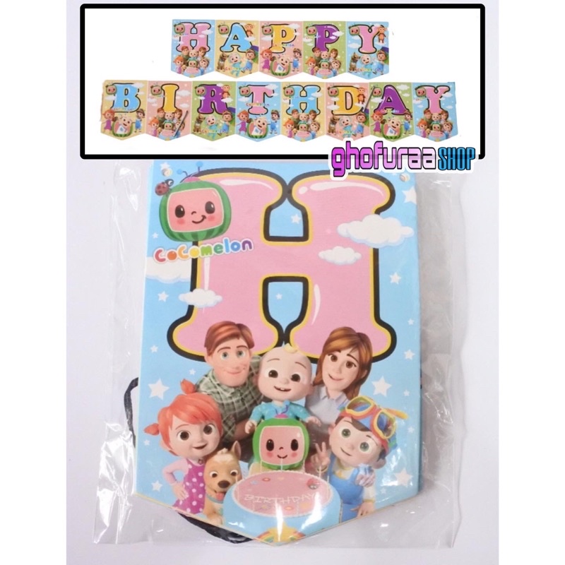 Banner cocomelon bunting flag tulisan happy birthday cocomelon dekorasi pesta ulang tahun hbd