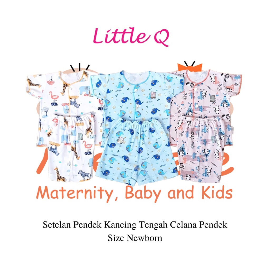 [Size NB] Little Q Setelan Motif Pendek Kancing Tengah Celana Pendek Isi 3 Pcs