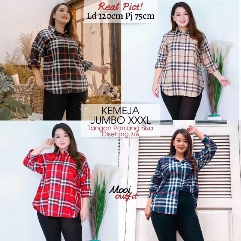 Mooi Outfit - Kemeja Jumbo Blueberry Katun Poly Xxxl Motif Tartan Kotak Big Size Kemeja Kerja Jumbo Wanita Murah