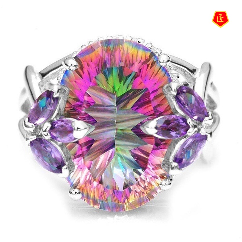 [Ready Stock]Inlaid Colorful Moissanite Ring 925 Silver Fashion Temperament