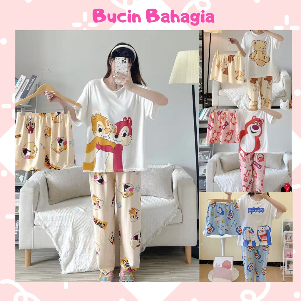 piyama 3in1 set baju tidur wanita dewasa import lengan pendek celana panjang dan celana pendek BT09