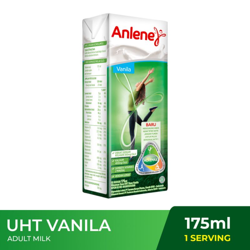 Anlene UHT Vanilla/ Coklat Susu Cair Siap Minum 175ml - Nutrisi Tulang, Sendi & Otot