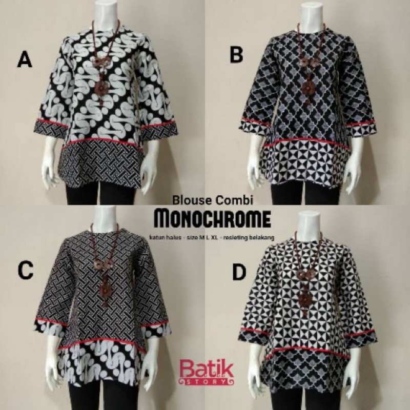 BLOUSE KOMBI MONOCHROM MURAH BLUS BATIK HITAM PUTIH KOMBINASI ATASAN WANITA KEKINIAN SERAGAM KANTOR