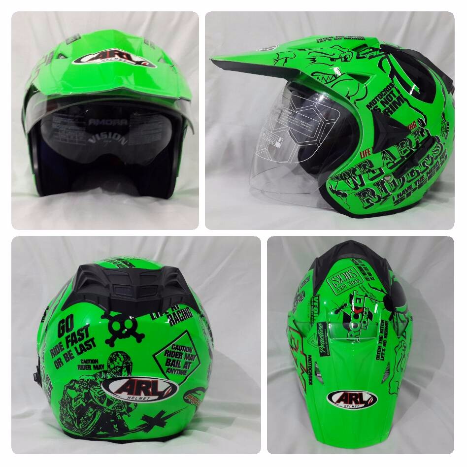 Helm ARL Semi Cross Half Face Double Visor We Are Rider Hijau Stabilo.