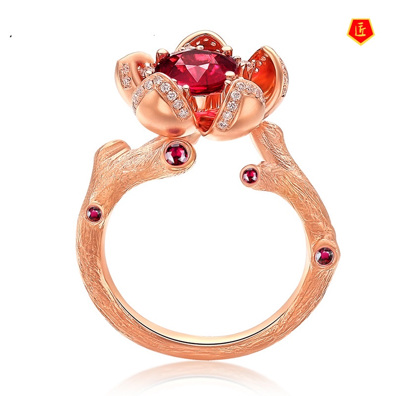 [Ready Stock]Creative Flowers Red Tourmaline Ring 18K Rose Gold