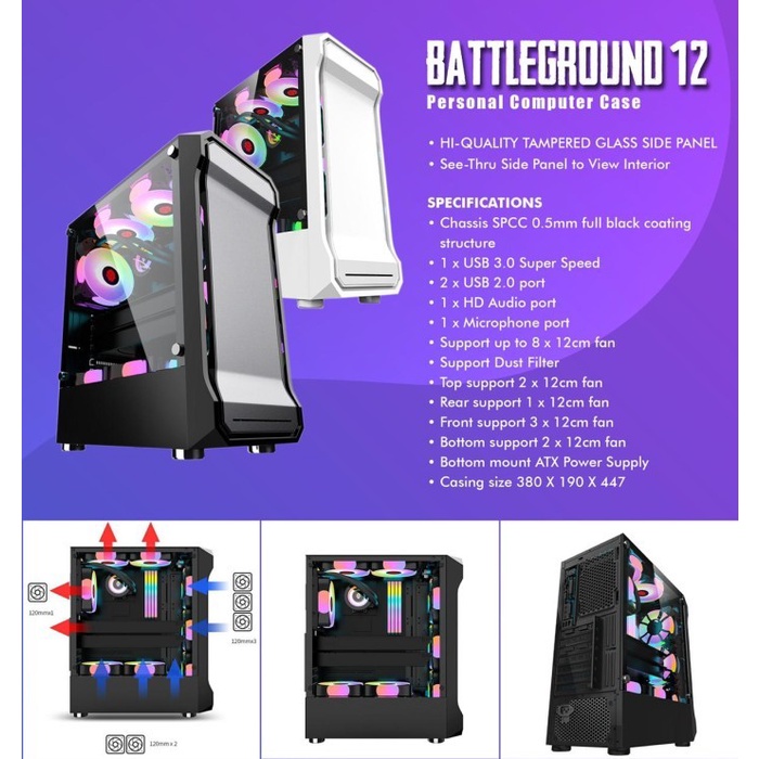 Casing Simbadda BattleGround 12 black - ATX, mATX Tempered Glass