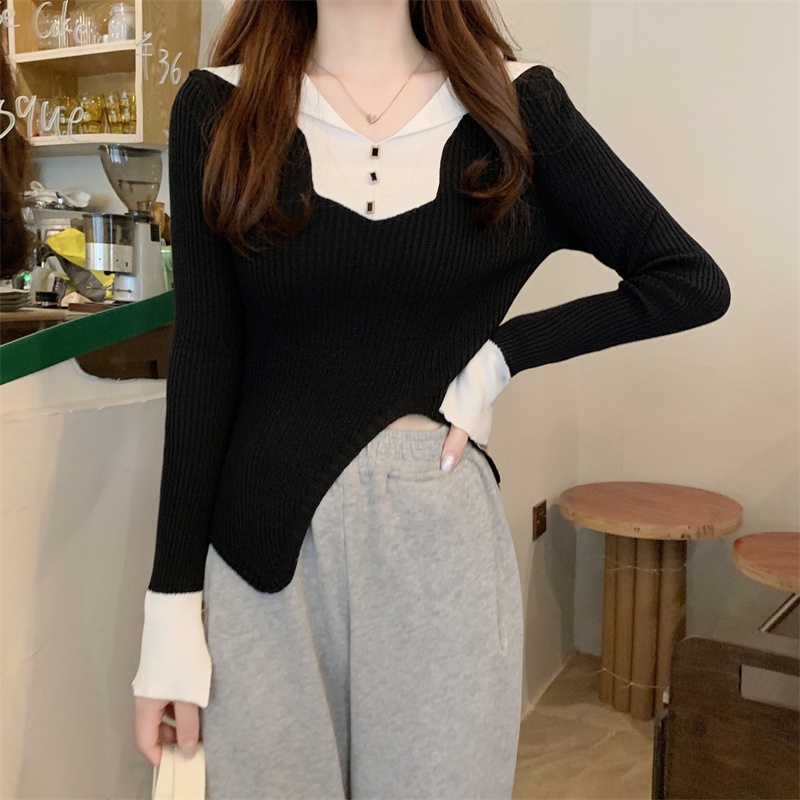 Korean Knitwear V Neck Polos Wanita Lengan Panjang