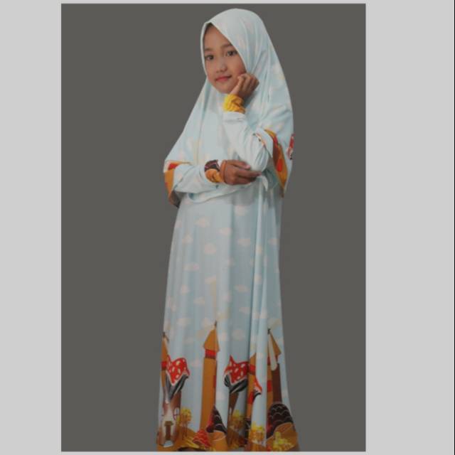 Radita gamis jilbab muslim anak perempuan jersey biru muda motif adem usia 3-10 tahun