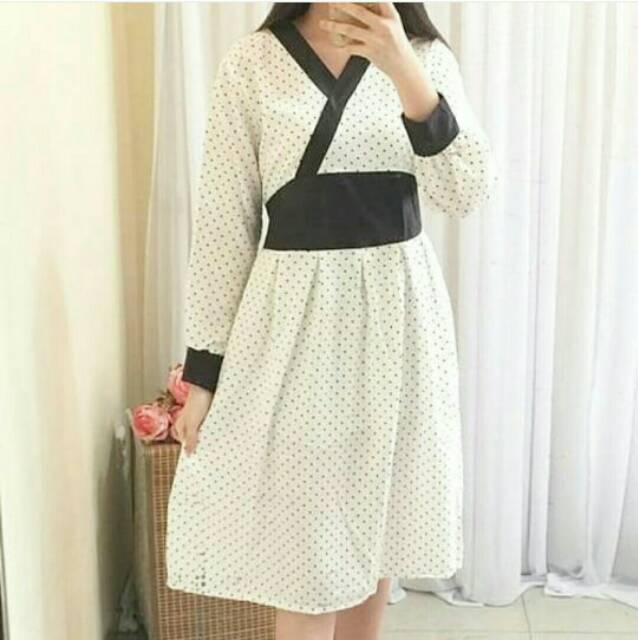 Dress Casual tangan panjang midi dress polkadot model kimono Ken-079