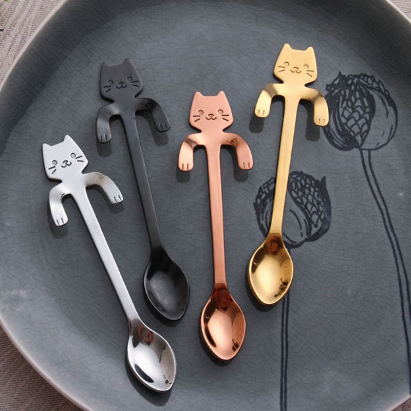 Cute Stainless Steel Cat Coffee Drink Spoon Tableware Kitchen Tool Hanging cups