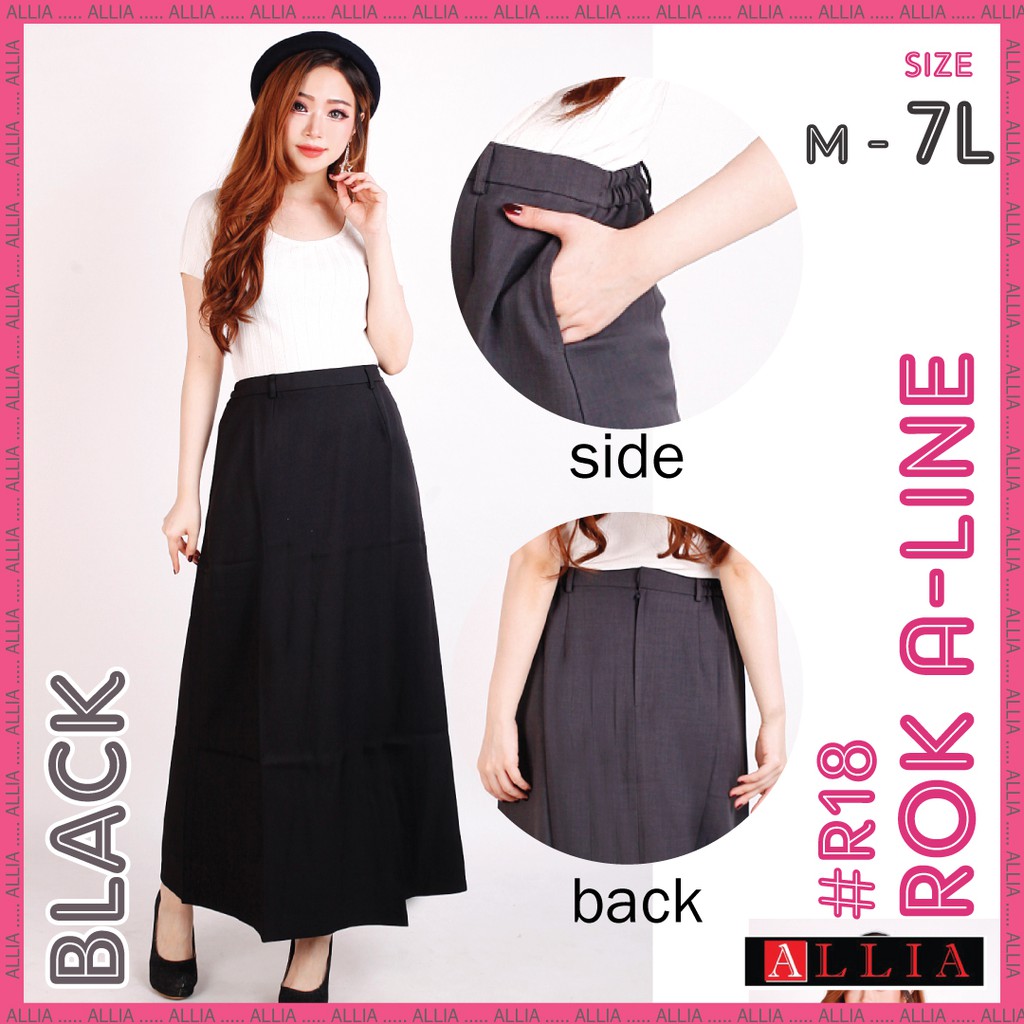 ALLIA R18 - Black M - 7L - Rok A Wanita - Rok Panjang Wanita - Rok kerja wanita - ROK HITAM