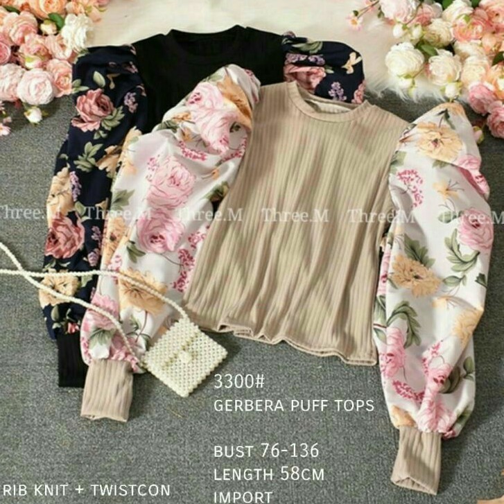 Gerbera Baju atasan blouse top puff lengan balon rajut wanita import baju blouse rajut cewek import