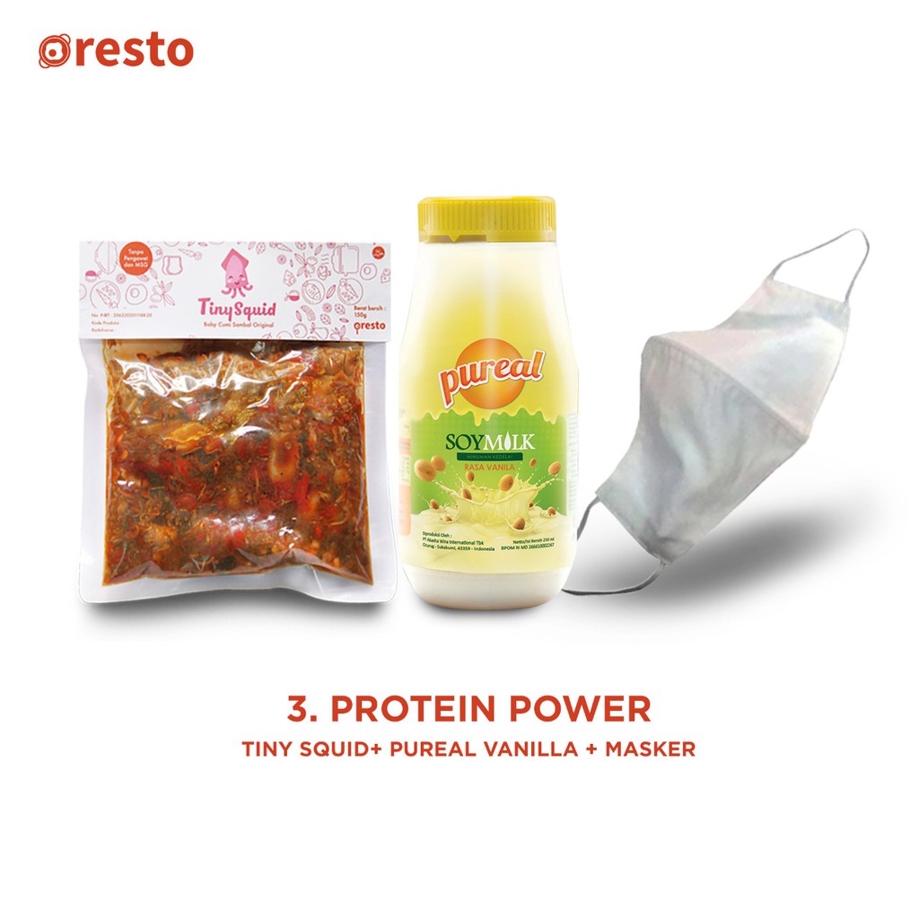 

PROTEIN POWER Free Masker Sritex-Tiny Squid Sambal Baby Cumi 150gr+ Pureal Vanila Oat Soy Milk 250mL