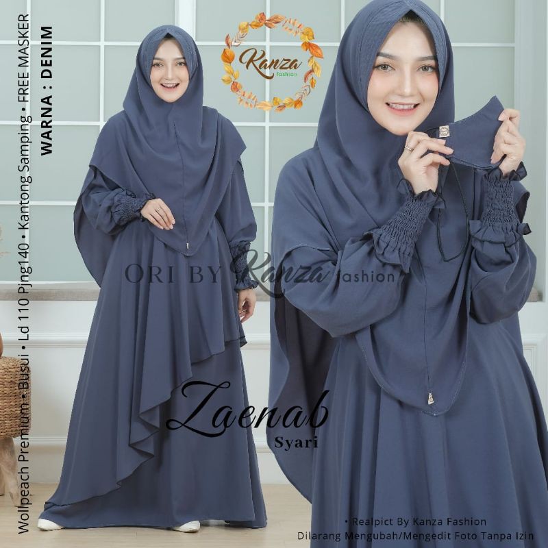 KANZA Gamis Syari Polos ZAENAB ori by kanza Set Khimar Free Masker