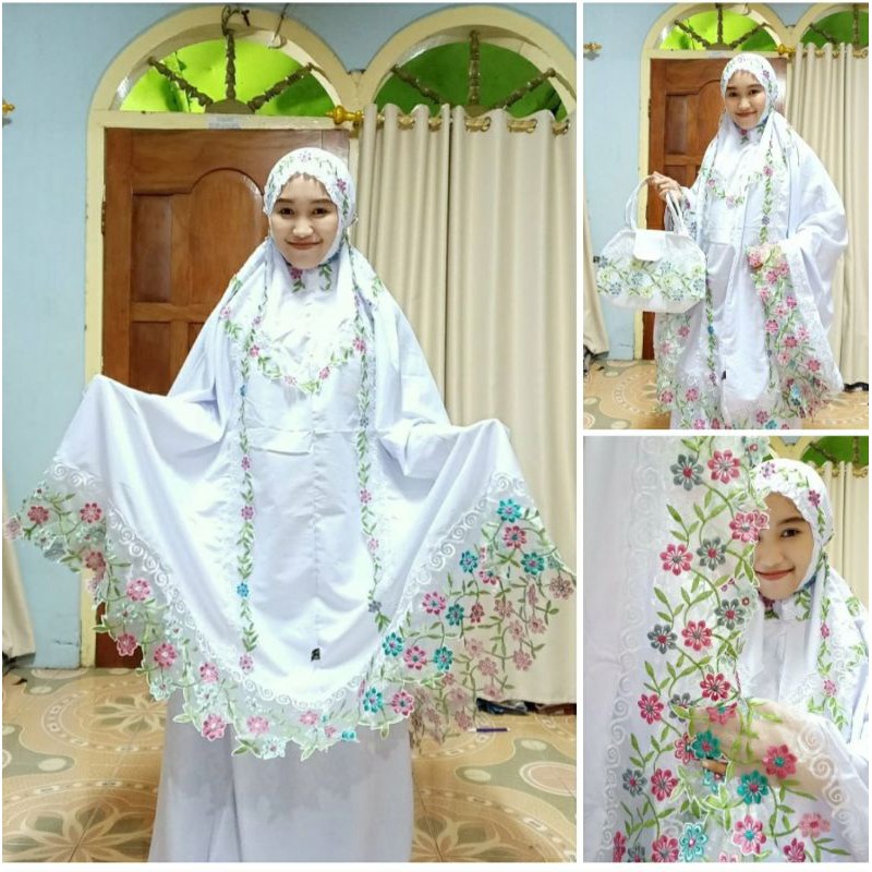 Mukena Ayu Ting Ting By Mediyana Mukena Putusan Dewasa Putih JUmbo Renda Kaca Bunga Warna-Warni Cant