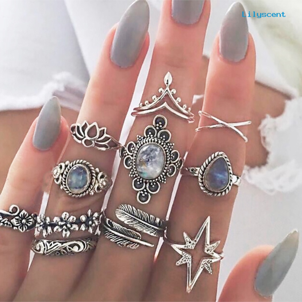 11pcs Cincin Knuckle Midi Model Hollow Aksen Berlian Imitasi Gaya Retro Untuk Wanita