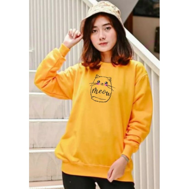 Kaos Lengan Panjang MEOW FULL / Kaos Sweatshirt / Atasan Wanita / Atasan Wanita Lengan Panjang