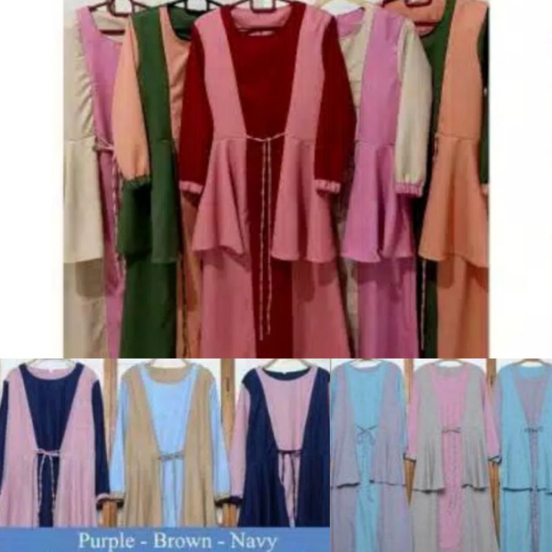 baju gamis katun dan moscrepe kombinasi warna lengan panjang variasi rempelan tali pinggang seleting