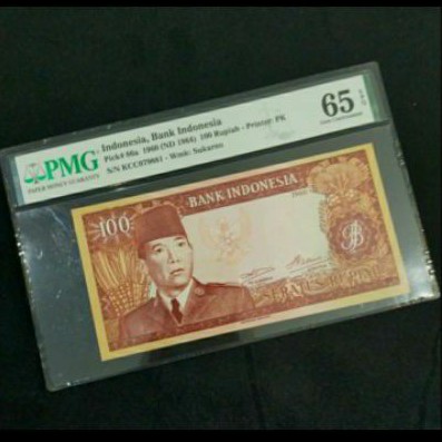 Uang Kuno 100 Rupiah Soekarno PMG 65 EPQ Tahun 1960.