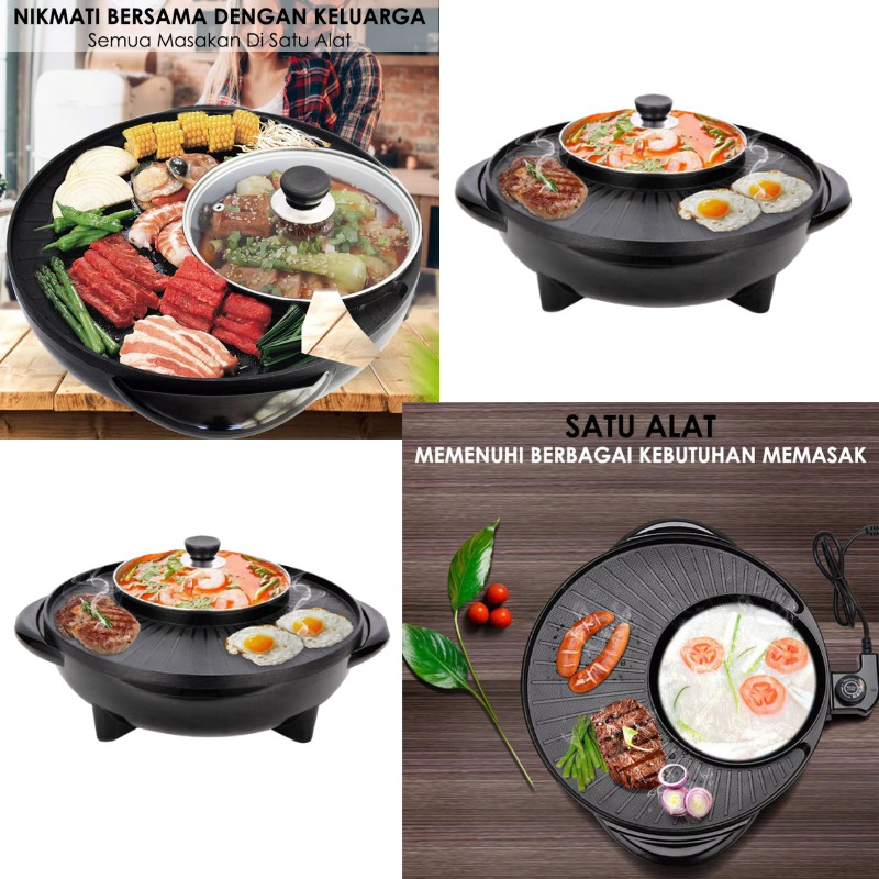 TERMURAH (2 IN 1) Alat Panggang daging Listrik 2 in 1 &amp; HotPot BBQ Grill Pan Tempat Pemanggang Daging / Alat Panggang Daging  Multifungsi