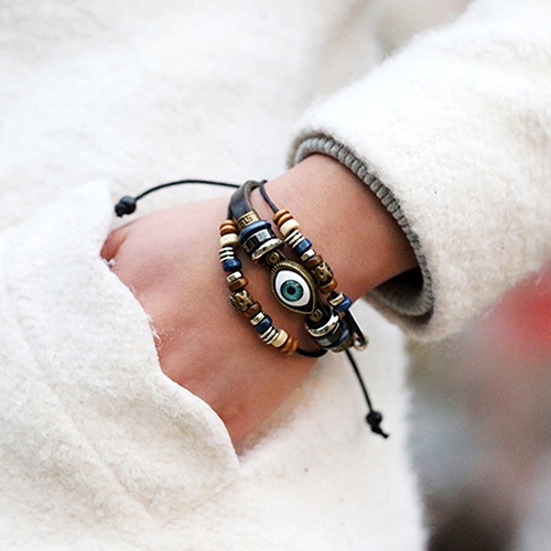 Hu Hu Hu Hu Hu Alat Bantu Pasang Kacamata♡ Gelang Tangan Kulit Imitasi Adjustable Aksen Mata Turki Handmade Untuk Unisexpriawanita