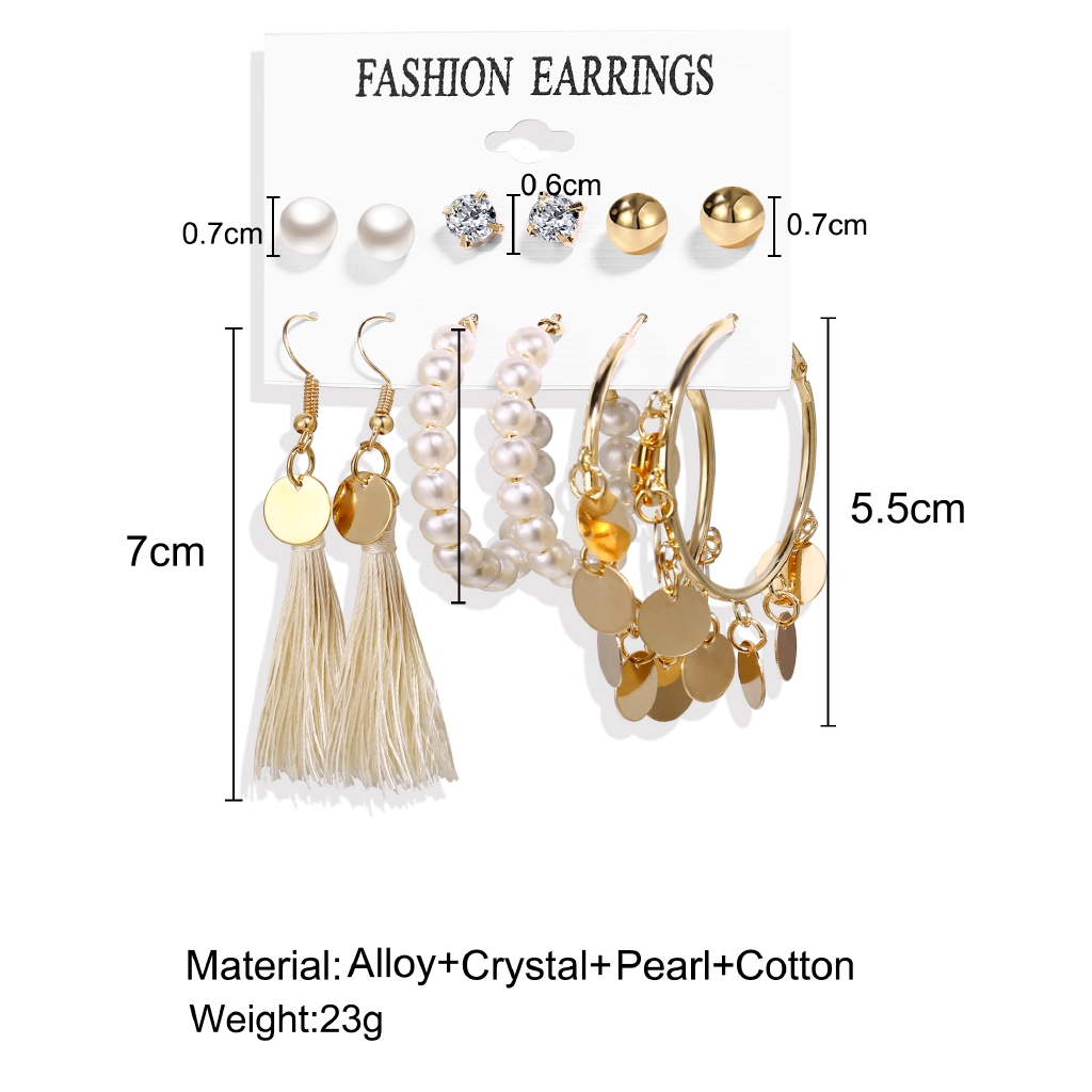 6 Pairs / Set Alloy Tassel Earring Suit Circle Sequin Pearl Acrylic Zircon Stud Earring Accessories