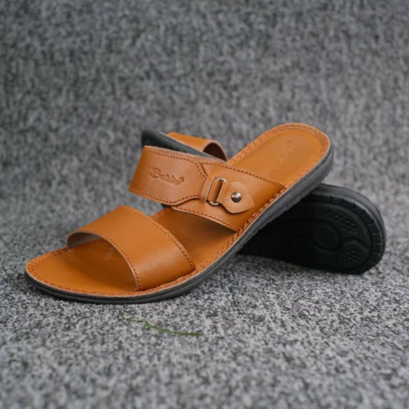 BRLN 005 Tan Sandal Kulit Pria Casual Santai Klasik Sendal Slide Sndal Selop Slop Original Full Kulit Asli